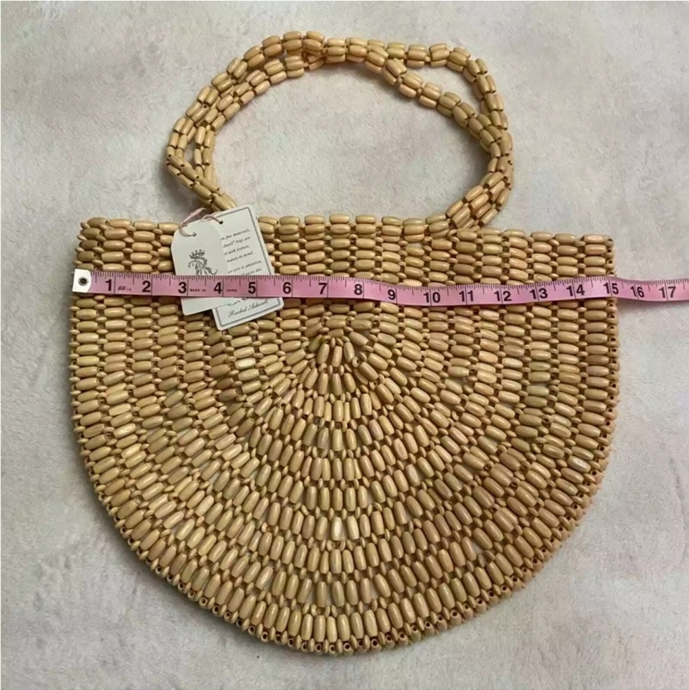 NWT Rachel Ashwell Wooden Beaded Crescent Bag Boho Bead Tote Natural - Picture 9 of 9